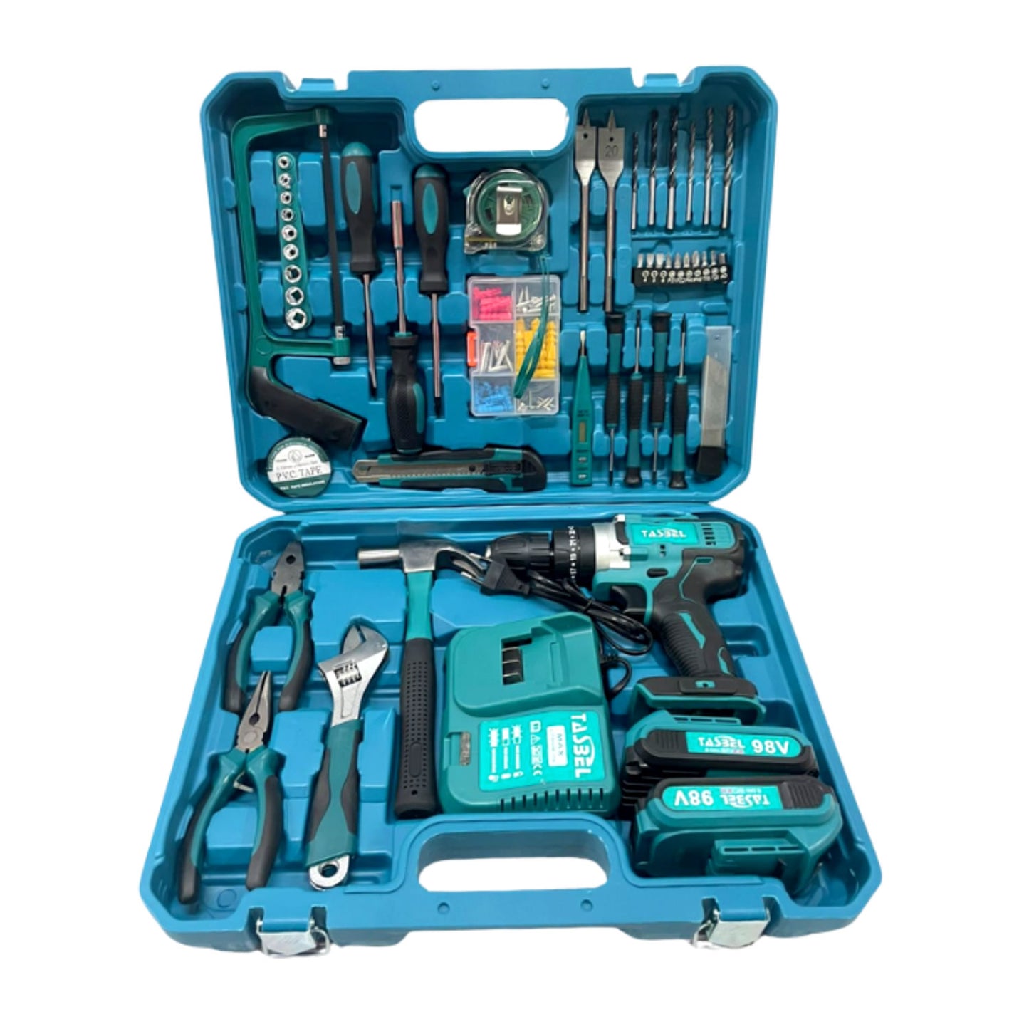 SET TALADRO INALÁMBRICO 2 BATERÍAS 98V MÁS HERRAMIENTAS