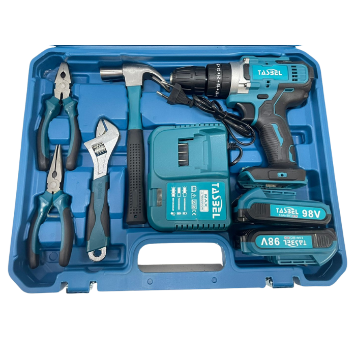 SET TALADRO INALÁMBRICO 2 BATERÍAS 98V MÁS HERRAMIENTAS
