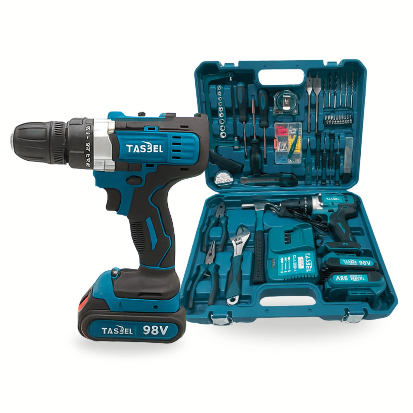 SET TALADRO INALÁMBRICO 2 BATERÍAS 98V MÁS HERRAMIENTAS