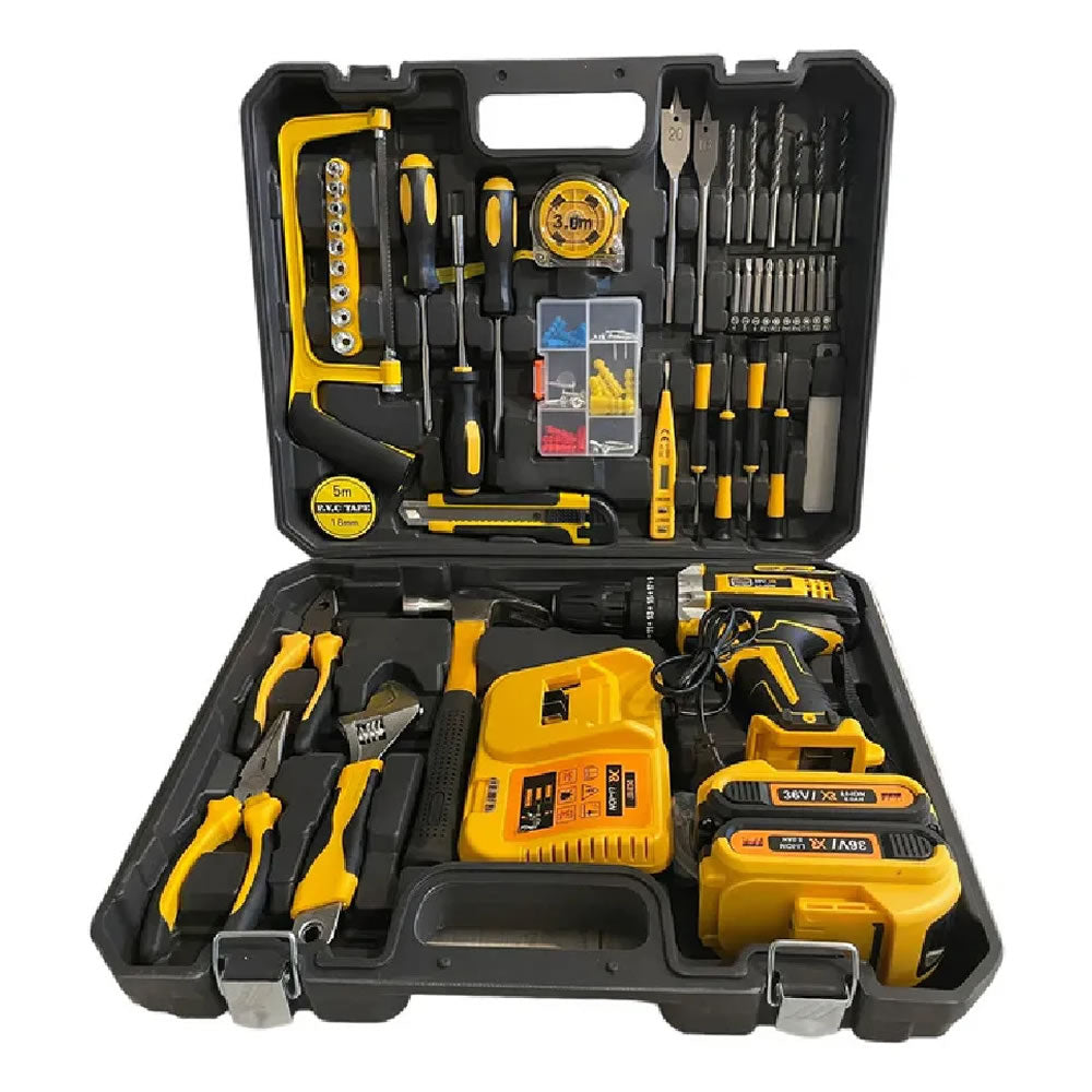SET TALADRO INALÁMBRICO 2 BATERÍAS 98V MÁS HERRAMIENTAS