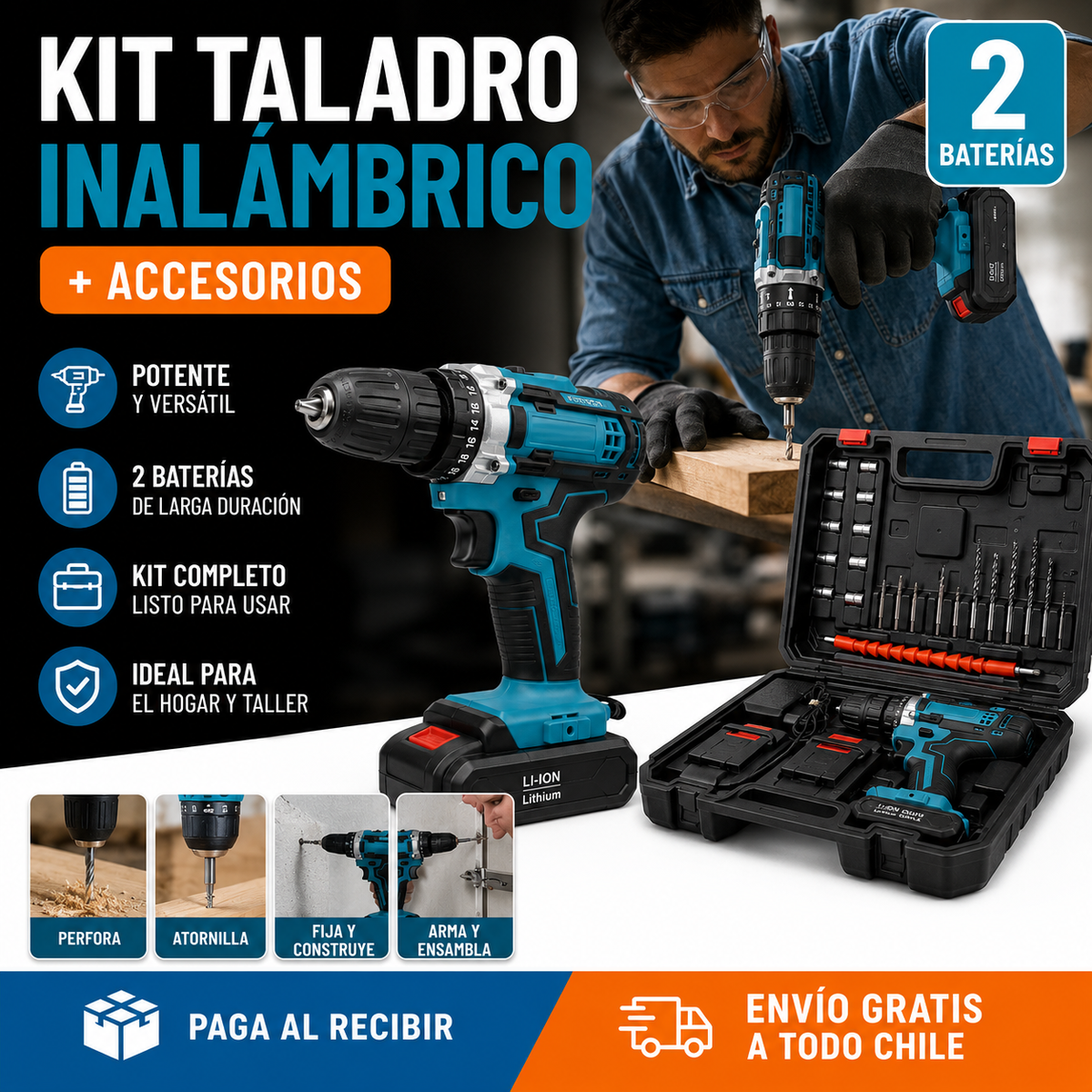 TALADRO INALÁMBRICO 2 BATERÍAS 48V MÁS ACCESORIOS