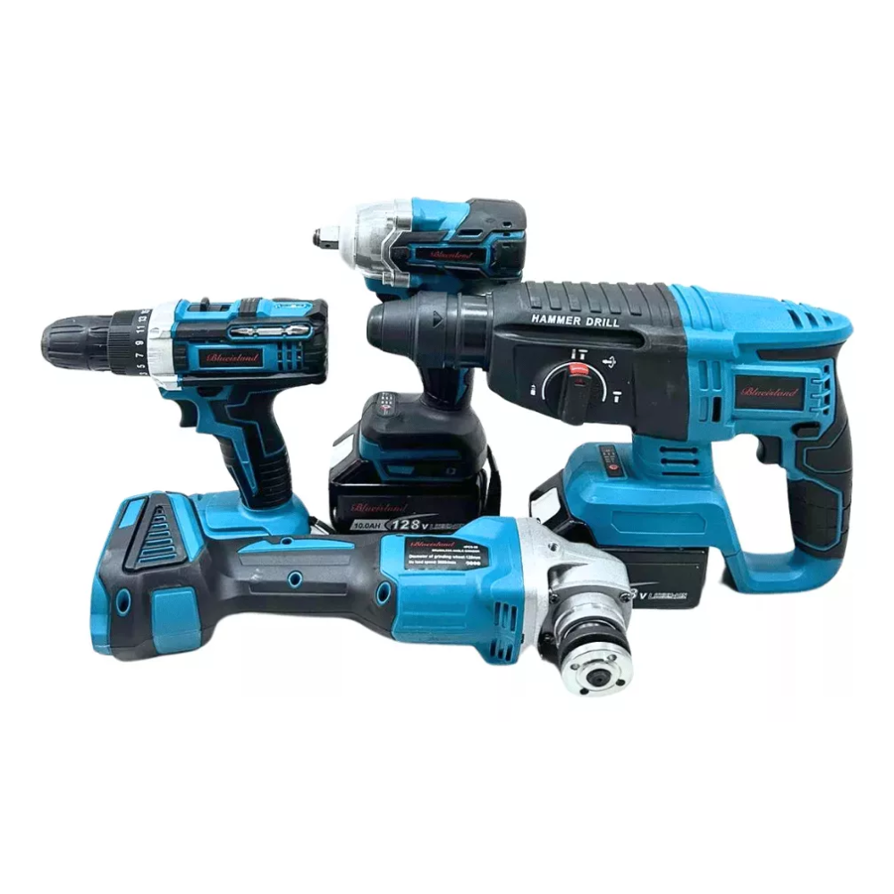 KIT 4 HERRAMIENTAS - IMPACTO - ESMERIL - ROTOMARTILLO Y TALADRO BATERÍA 128V