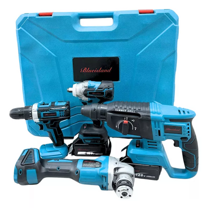 KIT 4 HERRAMIENTAS - IMPACTO - ESMERIL - ROTOMARTILLO Y TALADRO BATERÍA 128V