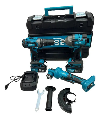 KIT 3 HERRAMIENTAS - IMPACTO, ESMERIL Y TALADRO 2 BATERÍAS 98V