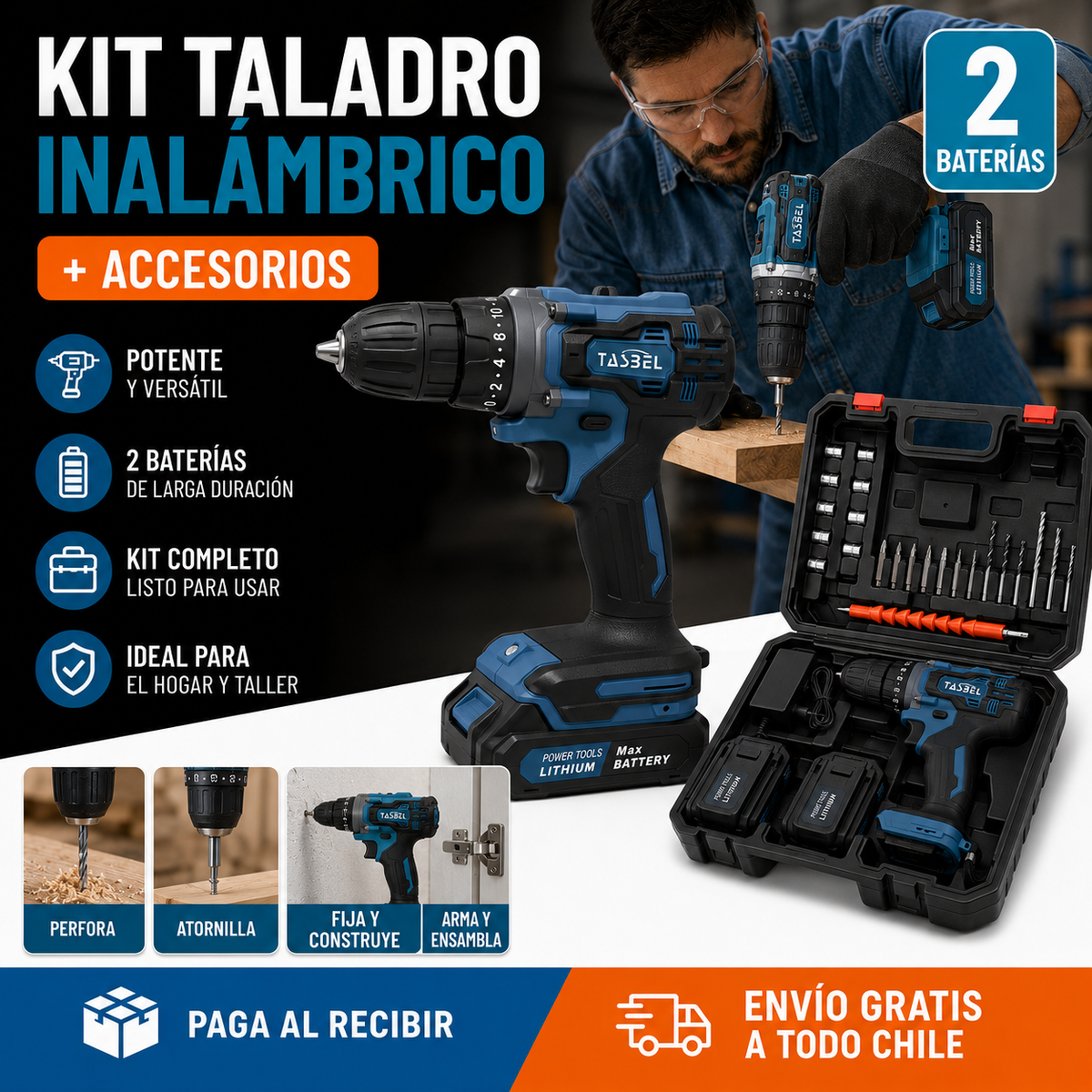 TALADRO INALÁMBRICO 2 BATERÍAS 48V MÁS ACCESORIOS