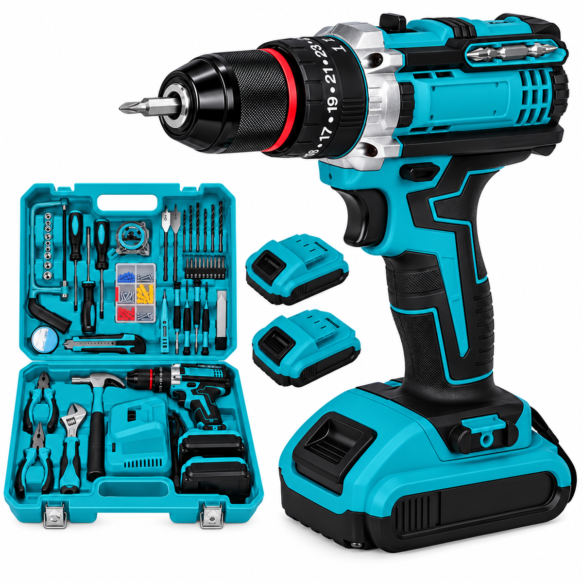 SET TALADRO INALÁMBRICO 2 BATERÍAS MÁS HERRAMIENTAS