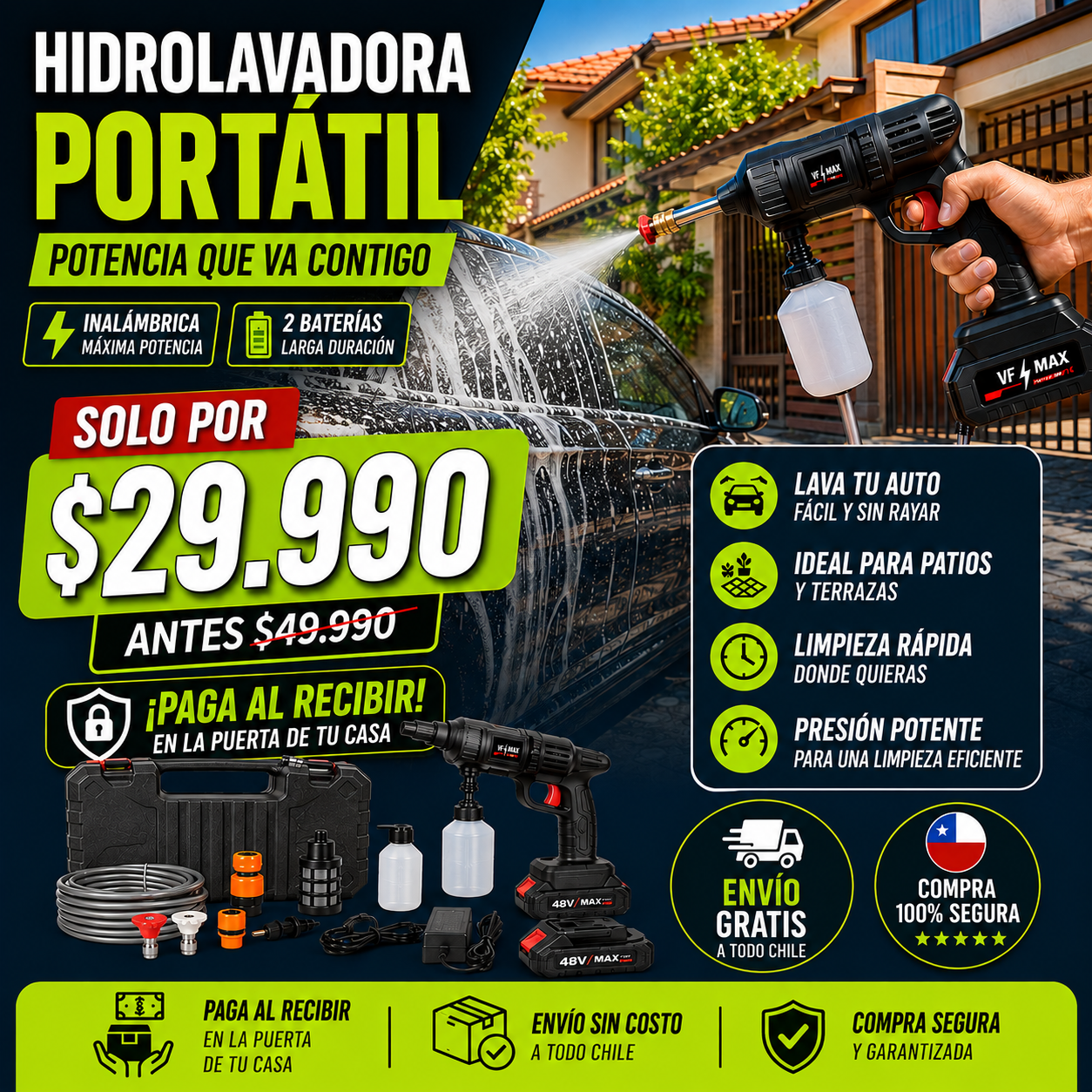 HIDROLAVADORA CON 2 BATERÍAS 98V Y ACCESORIOS
