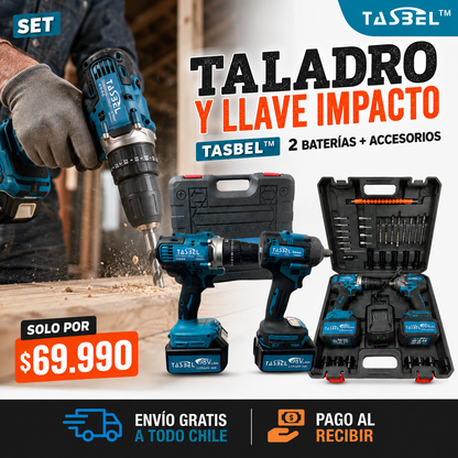 SET TALADRO Y LLAVE IMPACTO TASBEL™ 2 BATERÍAS 98V MÁS ACCESORIOS
