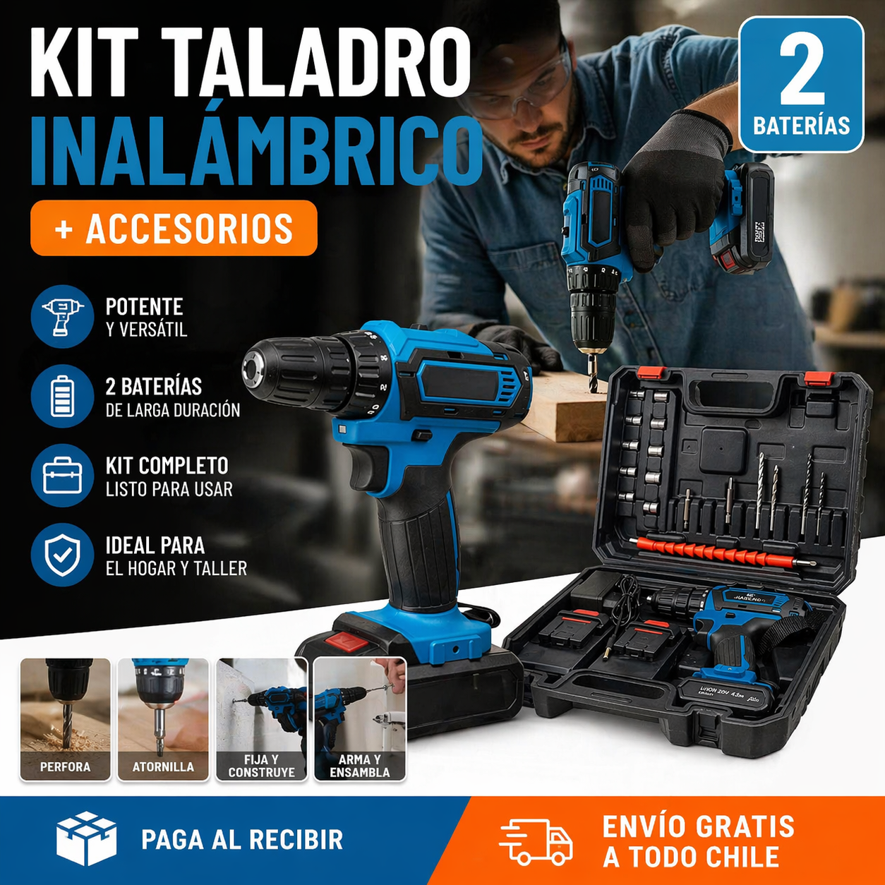TALADRO INALÁMBRICO 2 BATERÍAS MÁS ACCESORIOS