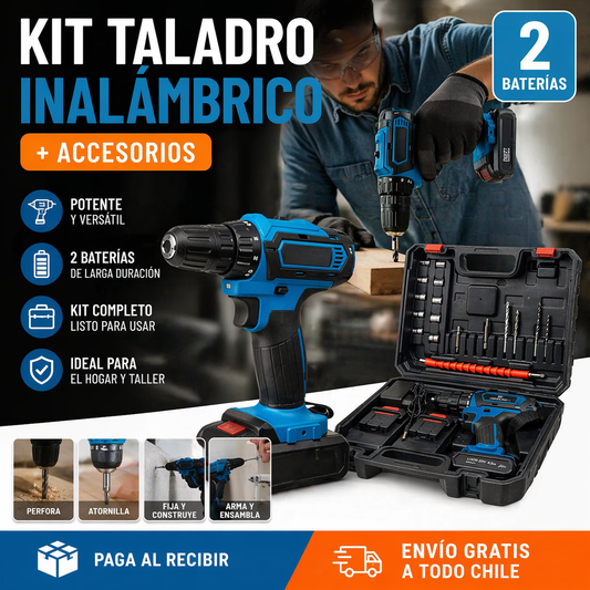 TALADRO INALÁMBRICO 2 BATERÍAS MÁS ACCESORIOS