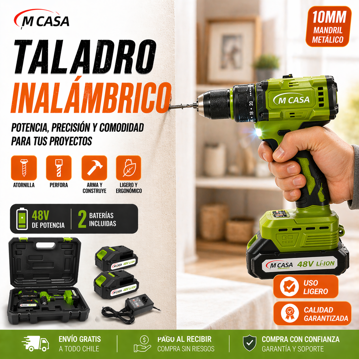 TALADRO INALAMBRICO 10MM MCASA 2 BATERIAS 48V