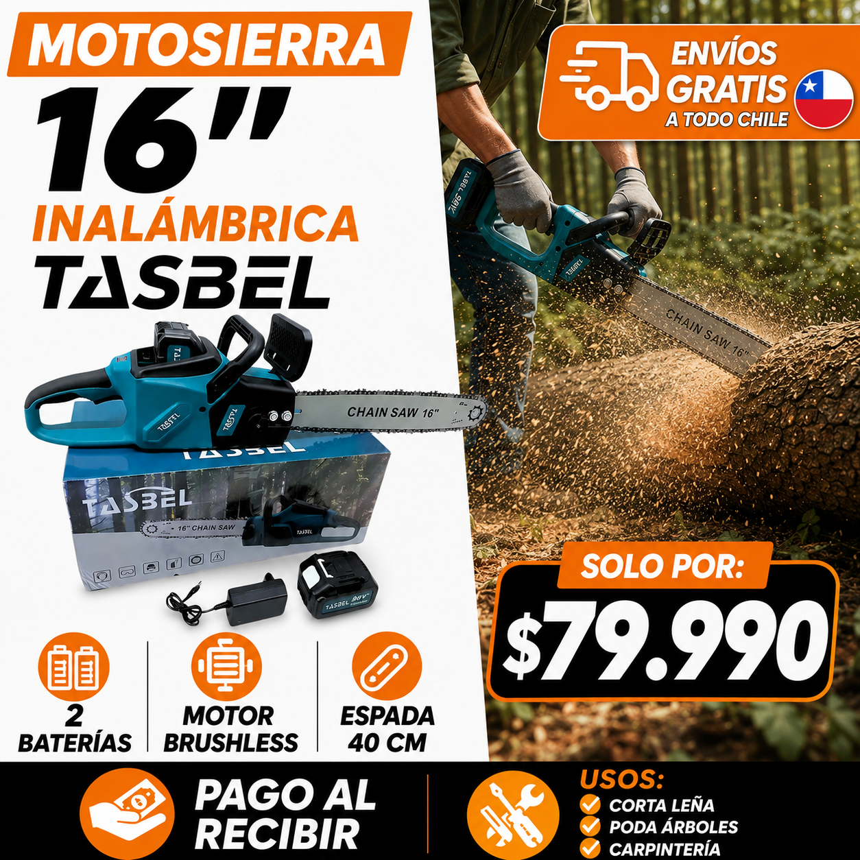 MOTOSIERRA INALÁMBRICA 16 PULGADAS 2 BATERÍAS 98V