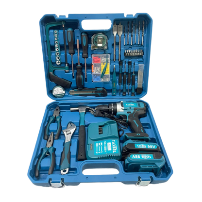 SET TALADRO INALÁMBRICO 2 BATERÍAS 98V MÁS HERRAMIENTAS