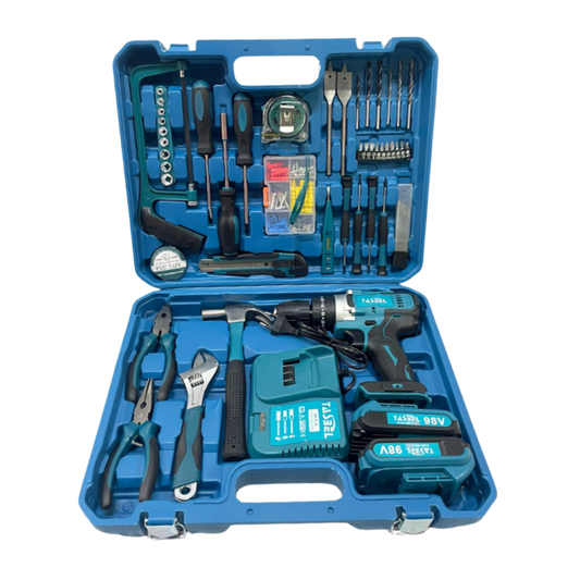 SET TALADRO INALÁMBRICO 2 BATERÍAS 98V MÁS HERRAMIENTAS