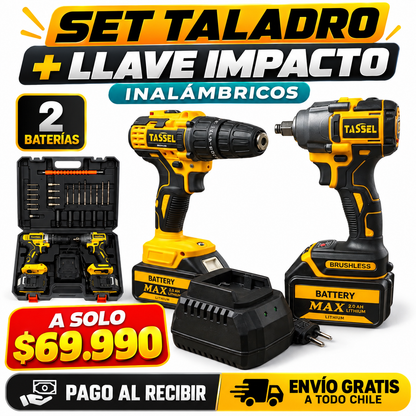 SET TALADRO Y LLAVE IMPACTO TASBEL™ 2 BATERÍAS MÁS ACCESORIOS