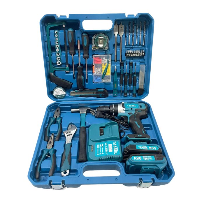 SET TALADRO INALÁMBRICO 2 BATERÍAS 98V MÁS HERRAMIENTAS