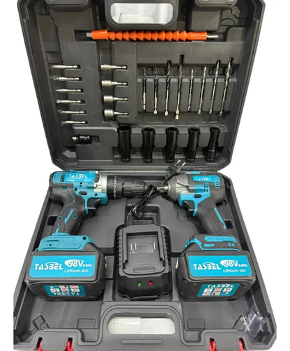 SET TALADRO Y LLAVE IMPACTO TASBEL™ 2 BATERÍAS 98V MÁS ACCESORIOS