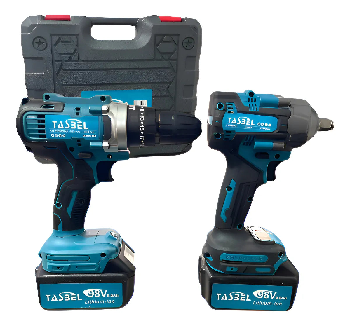SET TALADRO Y LLAVE IMPACTO TASBEL™ 2 BATERÍAS 98V MÁS ACCESORIOS